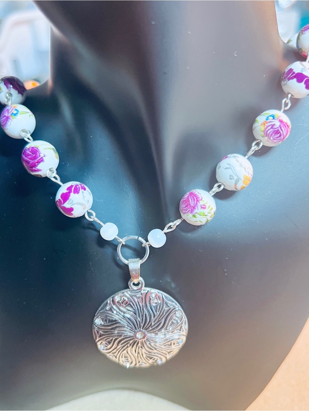 Ceramic Necklace With Pendant White Beads With Pink Floral Round Stamped Pendant
